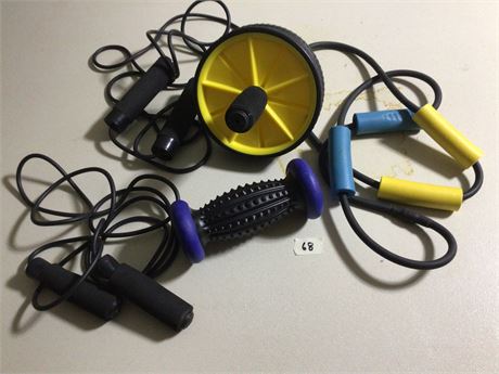 Exercise Equipment: 2 jump ropes (one weighted),exercise wheel, and stretch band
