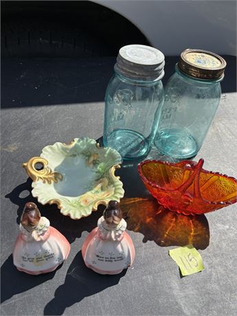 Enesco Prayer Lady, Vintage Fenton Amberina Basket, Mason Jars