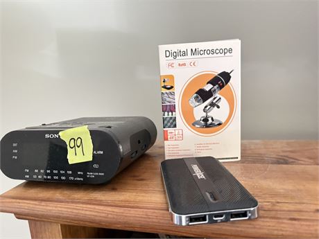 Clock, Charger, Microscope