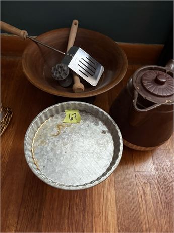 Wood Bowl, Stoneware Pot, Misc