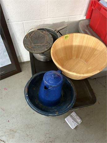 Metal Pan, Kettle and Bowl, Wood Bowl