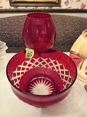 Vintage Ruby Red Cut Bowl and Glass