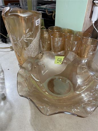 Vintage Jeanette Glass Pitcher Peacock Marigold Iridescent, glasses