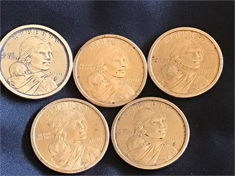 Five  2000-P Sacagawea Dollar Coins