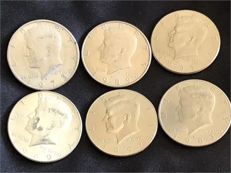 1969, 1973, 1983, 1989, 1993, 1997 Kennedy 1/2 Dollar Coins