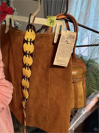 Vintage Leather Suede Skirt (Mona Mode), Belt and Handbags