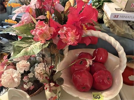 Ceramic Apples and Basket, Floral Decor