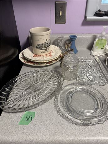 Glass Plates, Candlesticks, Misc