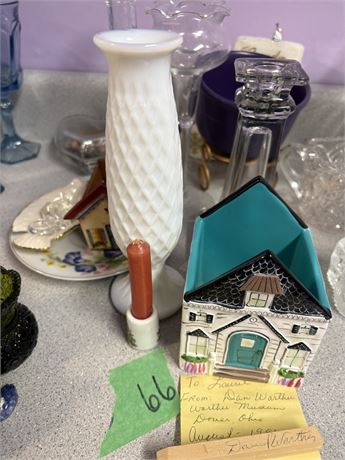 Decor Lot, Vase, Glass Candlesticks, Misc