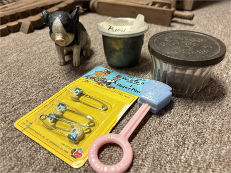 Vintage Collectibles, Baby Cup, Rattle, Diaper Pins