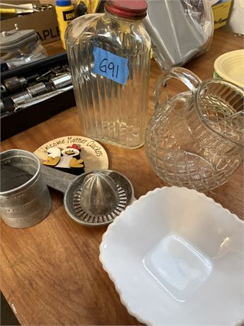 Vintage Kitchen Lot, Glass Containers, Pitcher, Juicer, Milk glass
