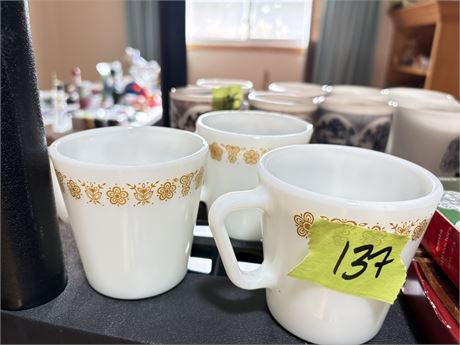Pyrex Milk Glass Coffee Mugs, Butterfly Gold