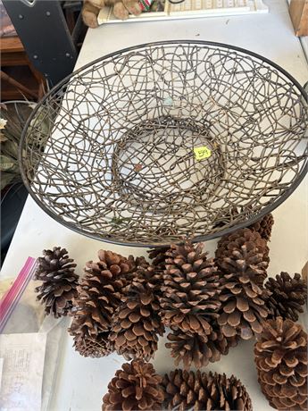 Large Decorative Bowl and Pine Cones