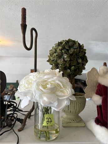 Decor Lot, White Fowers in Clear Vase, Metal Candlestick