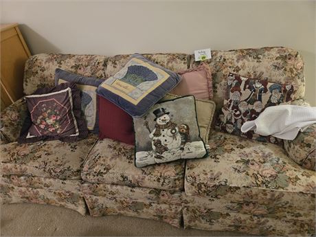 Floral Fabric Sleeper Couch and Pillows First Floor