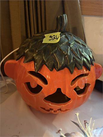 Large Ceramic Pumpkin Light, Orange with Green Lid