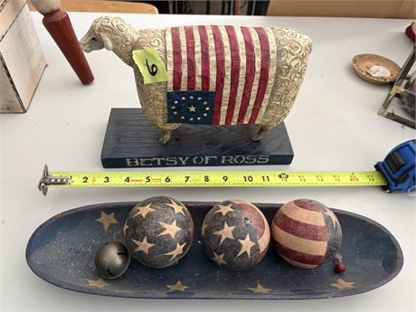 Americana Decorative Sheep and Wood Tray and Balls