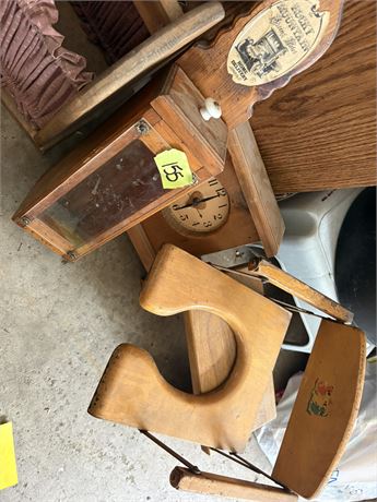 Vintage Wood Potty Chair, Clock, Decor