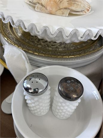 Vintage Plates, Ribbon Glass Tiered Tray, Milk Glass