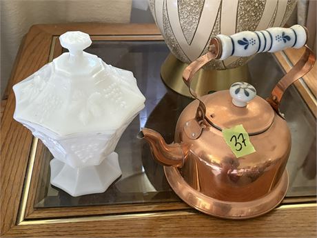 Copper Teapot and Milk glass Dish